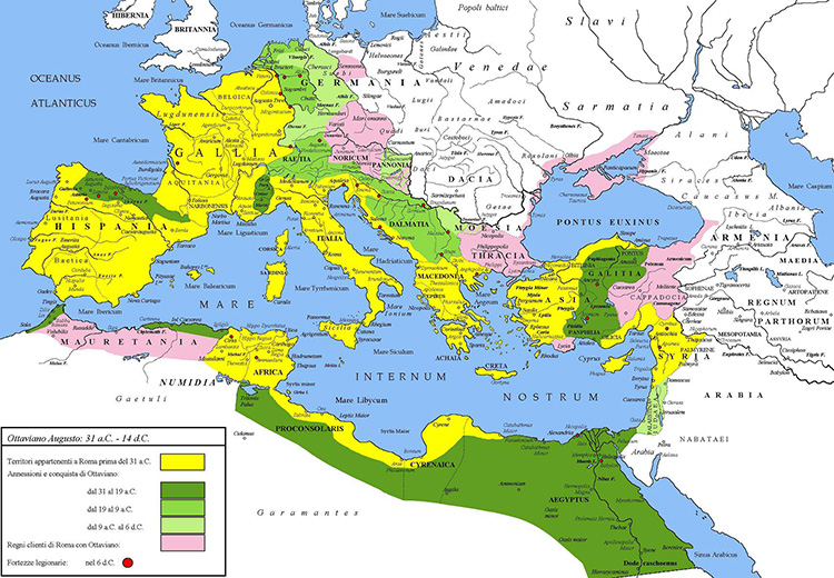 A map of the Roman Empire under the reign of Emperor Augustus