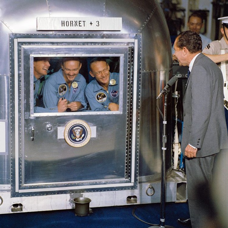 President Nixon welcomes the Apollo 11 astronauts aboard the USS Hornet