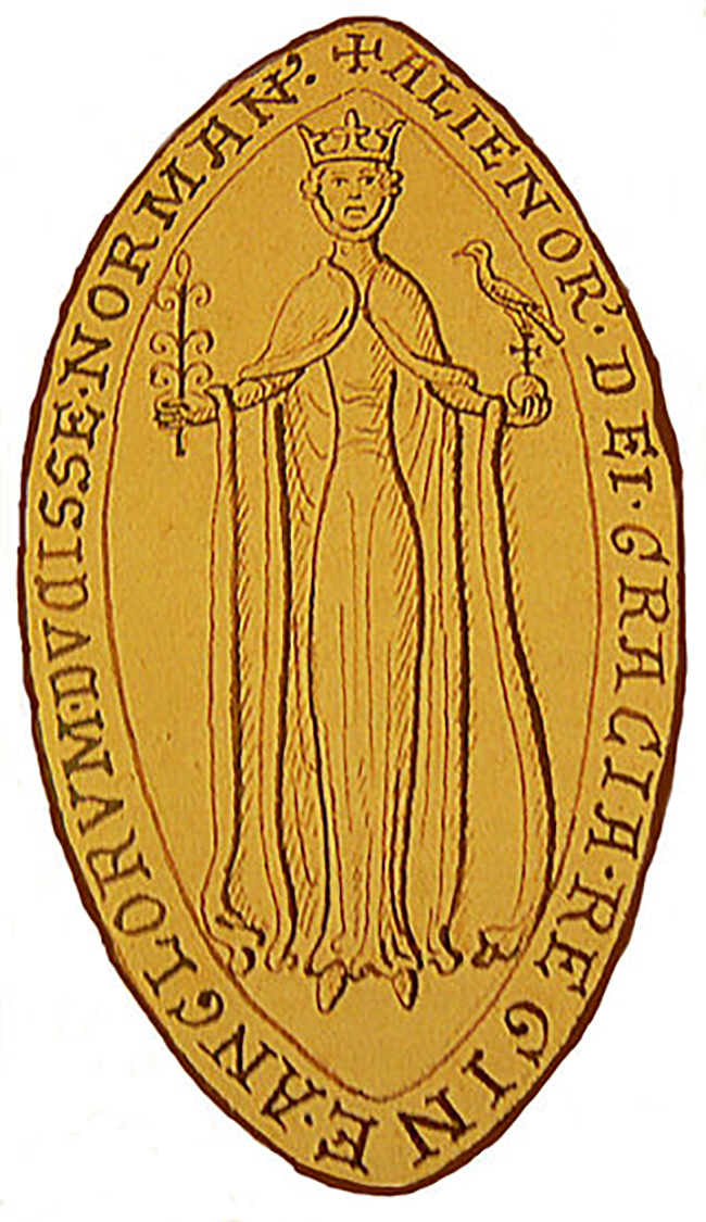 The obverse of Eleanor's seal. She is identified as 'Eleanor, by the Grace of God, Queen of the English, Duchess of the Normans'. The legend on the reverse calls her 'Eleanor, Duchess of the Aquitanians and Countess of the Angevins'.