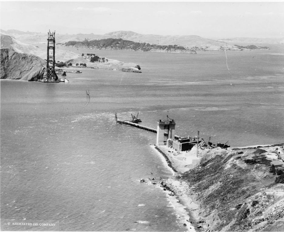 Construction of the south (San Francisco) tower begins after the north tower of the Golden Gate ...