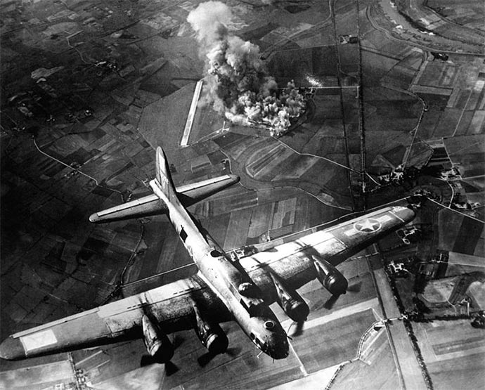A raid by the 8th Air Force on the Focke Wulf factory at Marienburg, Germany (1943). Targetted bombing regular missed. 