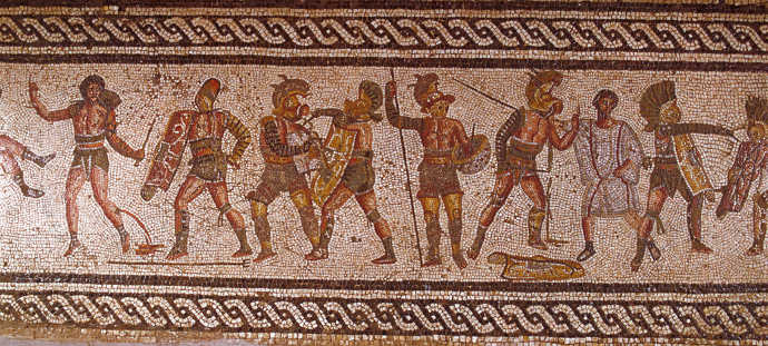 Ancient Roman gladiators on a mosaic