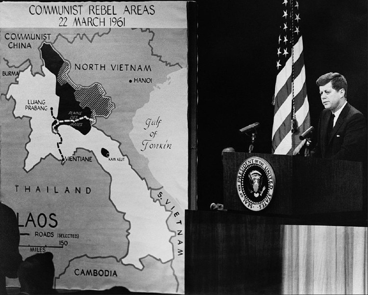 President Kennedy in 1961 with CIA map of Vietnam