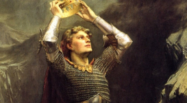 A painting of King Arthur holding a crown above his head